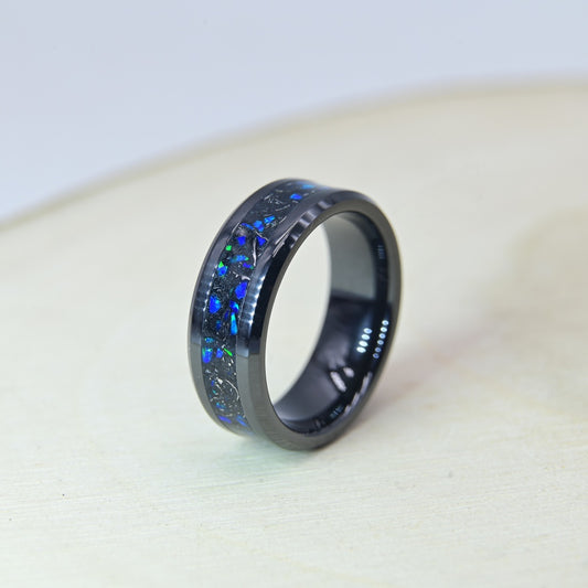 Bague Cosmos en céramique noire avec fragments de météorite