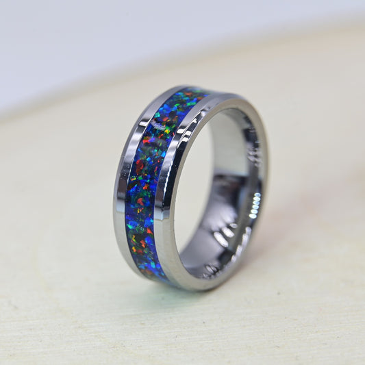 Bague personnalisée en tungstène avec opales et effet phosphorescent